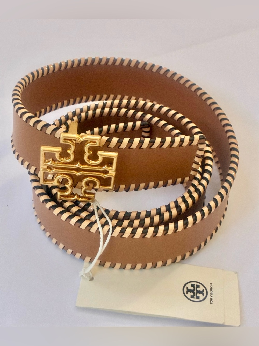 NWT Tory Burch whipstitch tan brown leather belt easily resizable size XXL